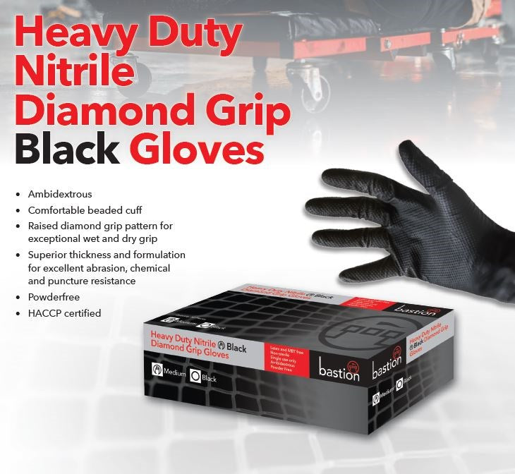 BASTION BNG657 HEAVY DUTY NITRILE DIAMOND GRIP BLACK GLOVES