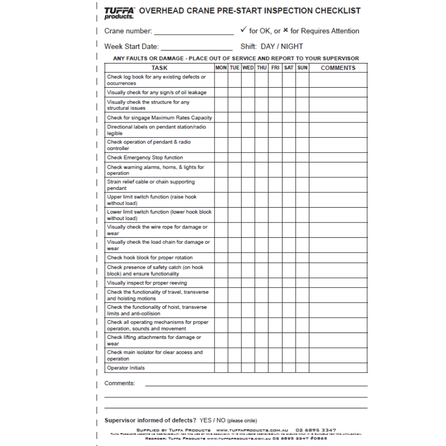 OVERHEAD CRANE DB65 PRE START CHECKLIST BOOK