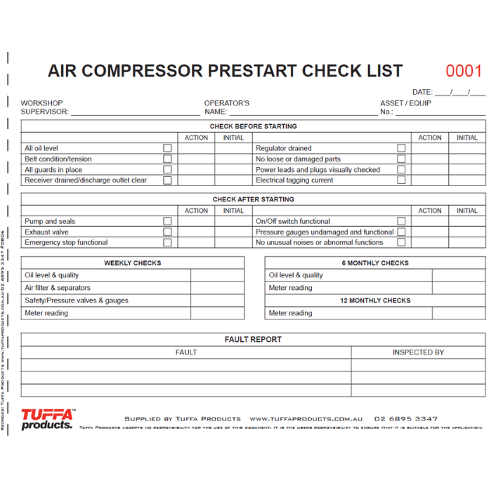 AIR COMPRESSOR PRE START CHECKLIST BOOK
