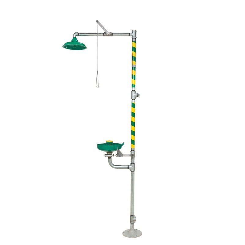AXION COMBINATION SHOWER/EYE/FACEWASH, SS STANDPIPE, GREEN ABS BOWL & INLINE STRAINER