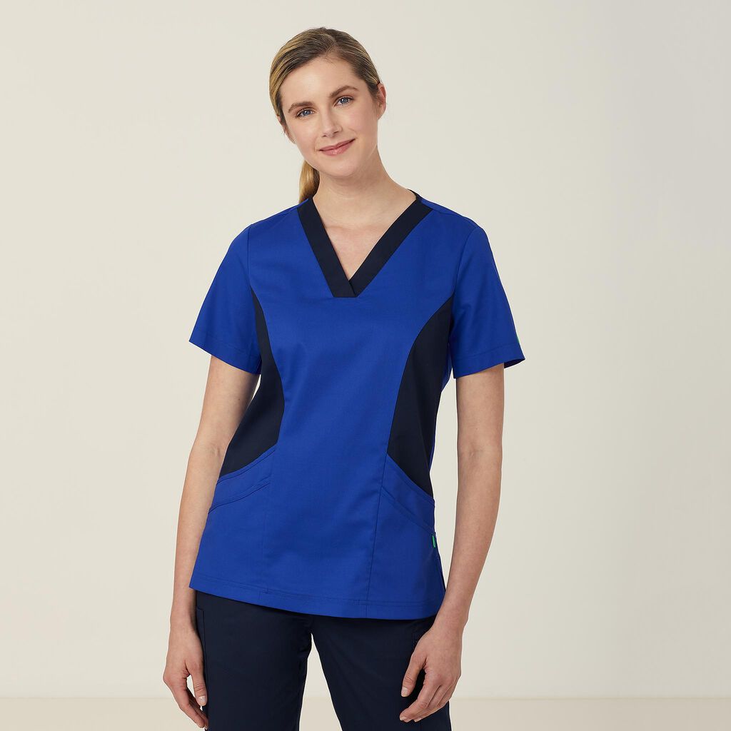 CATULL UOW SCHOOL OF NURSING NNT WOMENS NIGHTINGALE V-NECK CONTRAST SCRUB TOP - COBOLT BLUE