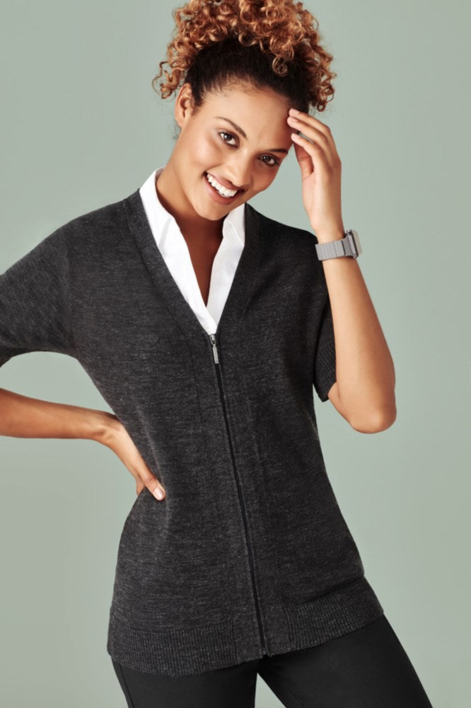 BIZ CARE CK962LC WOMENS ZIP FRONT SHORT SLEEVE CARDIGAN