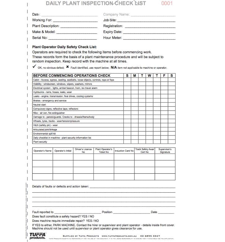 PLANT DAILY CHECKLIST BOOK