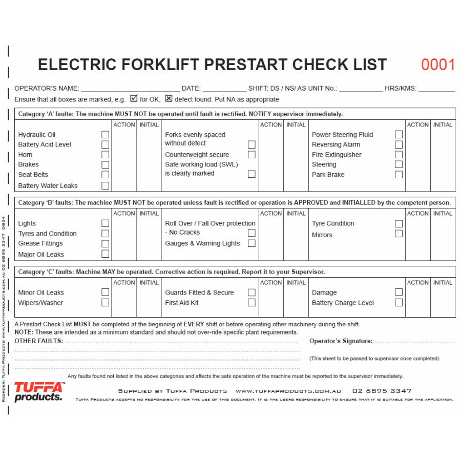 ELECTRIC FORKLIFT DB54 PRE START CHECKLIST BOOK