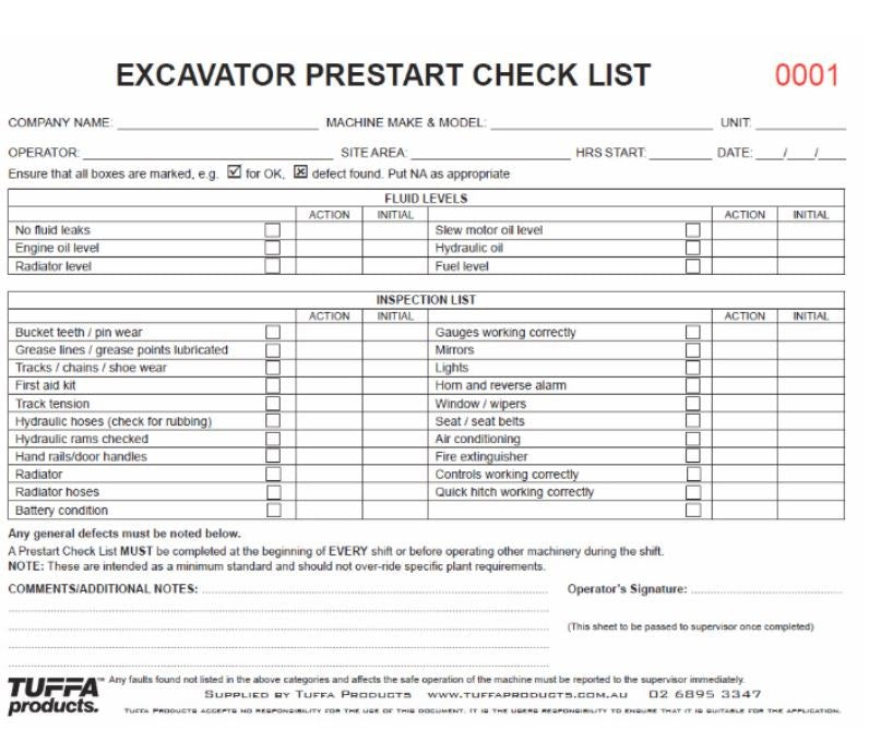 EXCAVATOR DB09 PRE START CHECKLIST BOOK