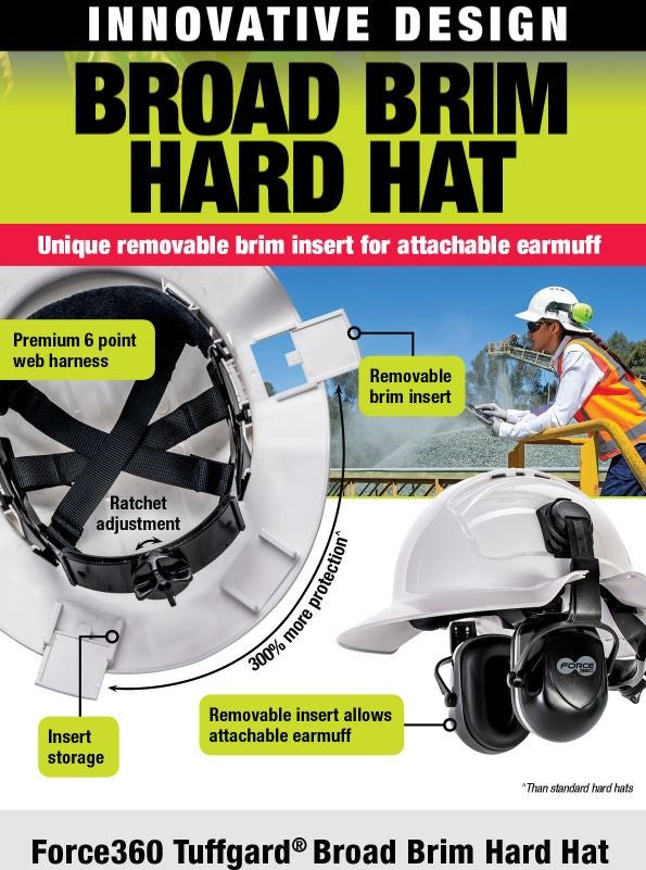 TUFFGARD BB57RH-WH BROAD BRIM HARD HAT VENTED 6 POINT HARNESS TYPE 1