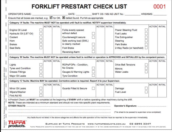 FORKLIFT DB03 PRE START CHECKLIST BOOK