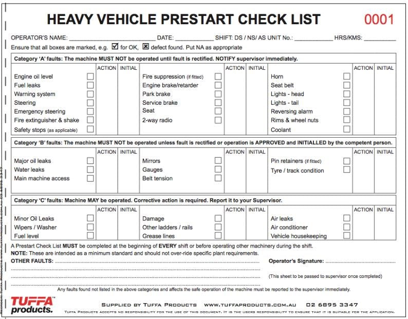 HEAVY VEHICLE DB02 PRE START CHECKLIST BOOK