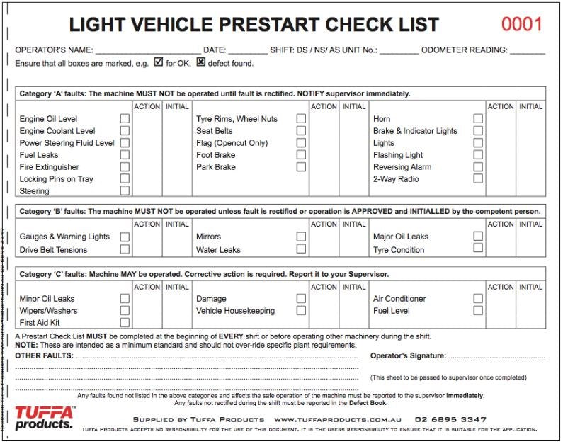 LIGHT VEHICLE DB01 PRE START CHECKLIST BOOK