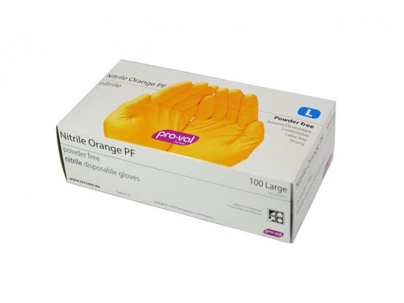 PRO-VAL 4113 NITRILE ORANGE DISPOSABLE GLOVES - POWDER FREE - 100/BOX