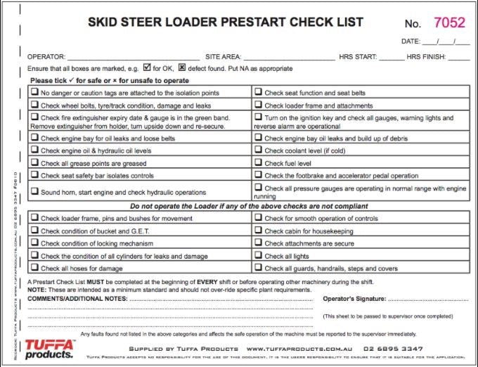 SKIDSTEER DB10 PRE START CHECKLIST BOOK