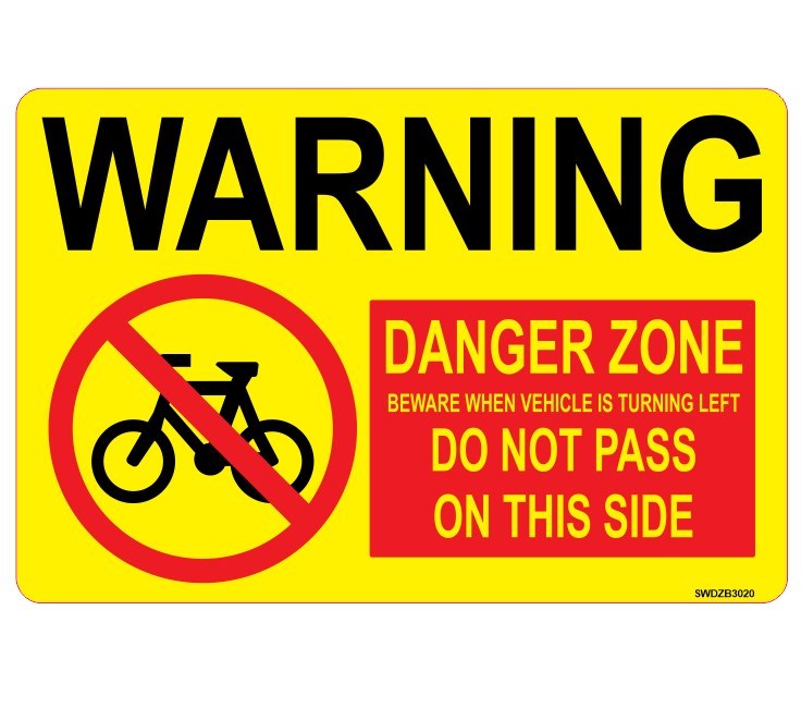 WARNING - DANGER ZONE - BEWARE WHEN VEHICLE IS TURNING LEFT DO NOT PASS THIS SIDE DECAL