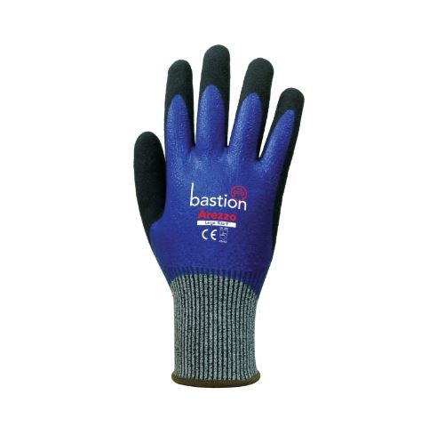 BASTION AREZZO - CUT 5 GREY HPPE GLOVES, BLUE FULL NITRILE COATING & BLACK SANDY FOAM NITRILE COATING