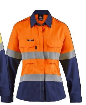 FLAMEBUSTER FSL016 ARCFLASH HRC2 LADIES HI VIS TWO TONE OPEN FRONT SHIRT WITH GUSSET SLEEVES AND FR REFLECTIVE TAPE