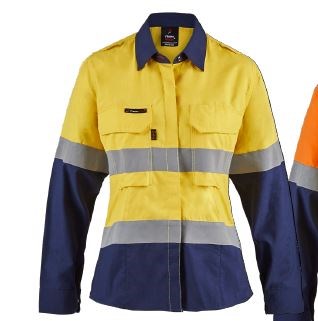 FLAMEBUSTER FSL016 ARCFLASH HRC2 LADIES HI VIS TWO TONE OPEN FRONT SHIRT WITH GUSSET SLEEVES AND FR REFLECTIVE TAPE