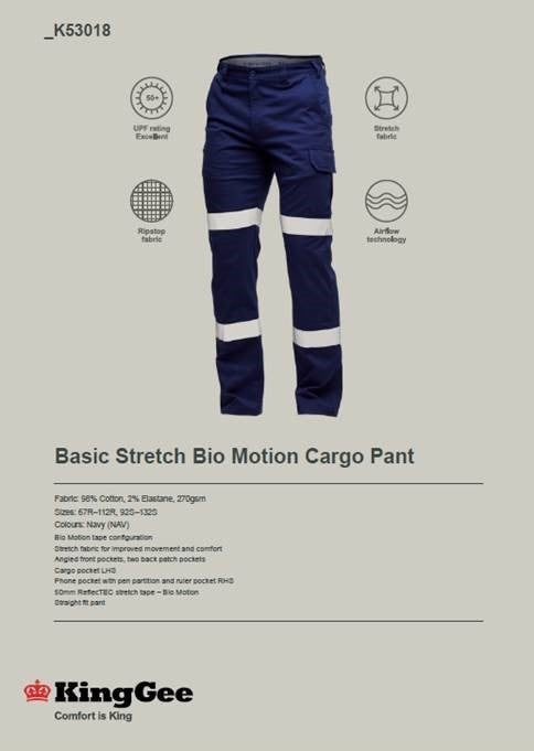 KING GEE K53018 BASIC STRETCH REFLECTIVE BIO MOTION CARGO TROUSER