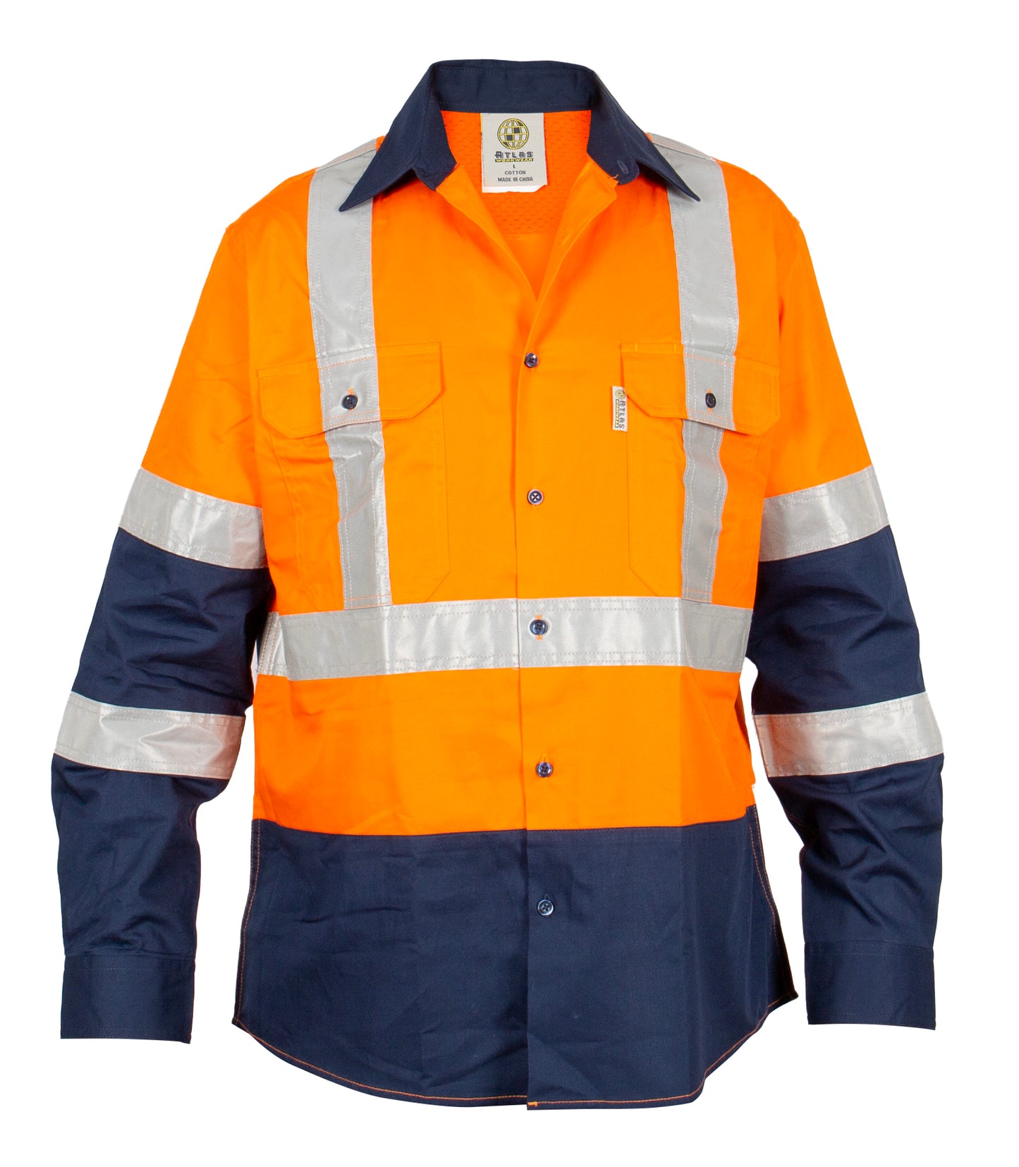 ATLAS 07399X L/SL REFLECTIVE HI VIS LT WEIGHT COTTON SHIRT-X BACK