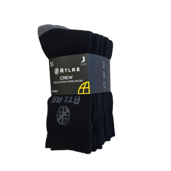 ATLAS FWSK1 CREW POLY/COTTON WORK SOCK - 5 PACK