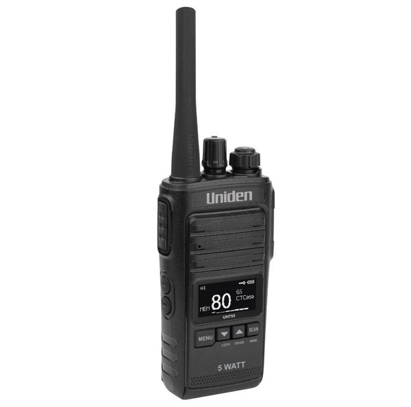 UNIDEN UH755-2DLX 5 WATT UHF CB SPLASHPROOF HANDHELD RADIO – DELUXE TWIN PACK