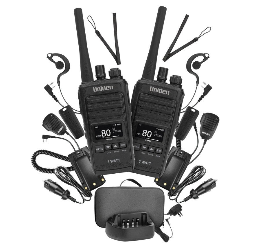 UNIDEN UH755-2DLX 5 WATT UHF CB SPLASHPROOF HANDHELD RADIO – DELUXE TWIN PACK