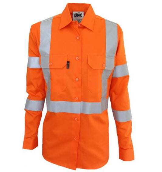 DNC 3544 LADIES L/SL REFLECTIVE HI VIS 3 WAY VENTED COTTON RAIL SHIRT