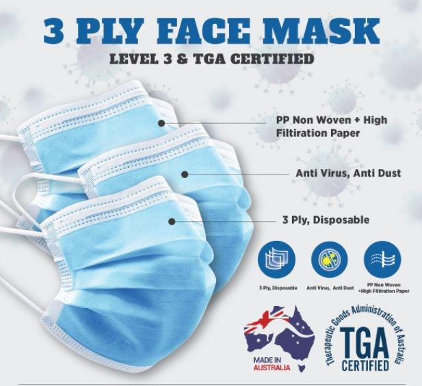 TRIFOLD 3 PLY DISPOSABLE MEDICAL EARLOOP MASK - AUSTRALIAN MADE