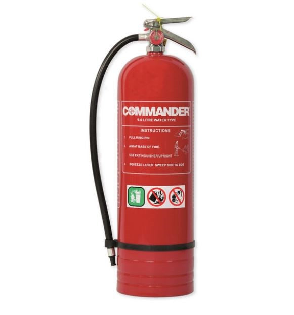 COMMANDER 9.0 LITRE WATER FIRE EXTINGUISHER W/- HOSE & STD WALL BRACKET