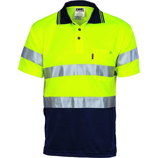 WORKCRAFT WSP410 HI VIS S/SL MICROMESH POLO WITH POCKET AND REFLECTIVE TAPE