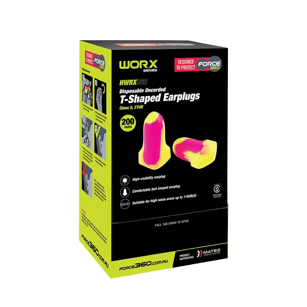 FORCE 360 HWRX960 T-SHAPED UNCORDED DISPOSABLE EAR PLUGS-27dB-CLASS 5
