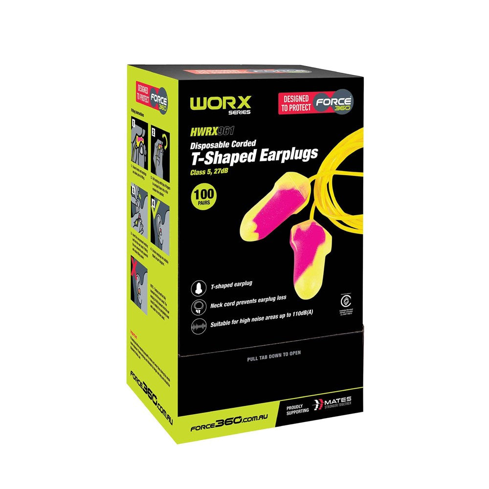 FORCE 360 HWRX961 T-SHAPED CORDED DISPOSABLE EAR PLUGS-27dB-CLASS 5