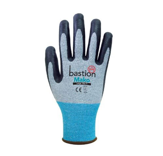 BASTION MAKO HPPE/SPANDEX CUT 3 RESISTANT GLOVES MICRO FOAM FLEX NITRILE COATING