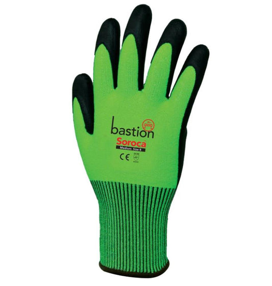 BASTION SOROCA HI VIS HPPE CUT 5 RESISTANT GLOVES BLACK MICRO FOAM NITRILE PALM