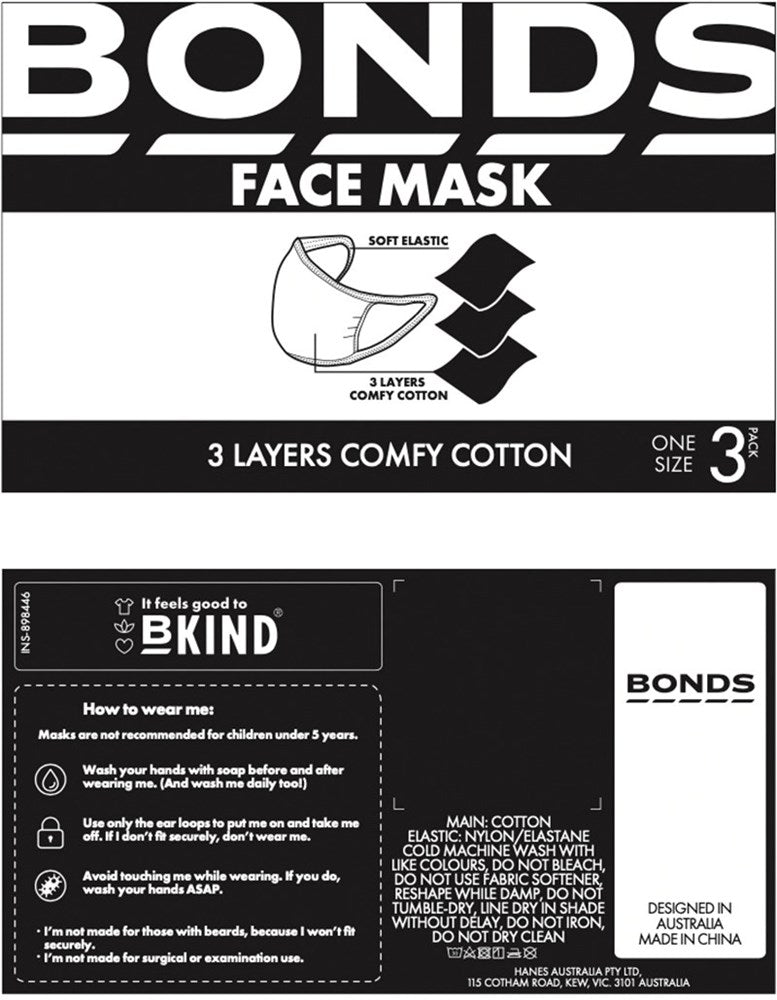 BONDS ZYML 3 LAYER FACE MASK COMFY COTTON-3 PACK