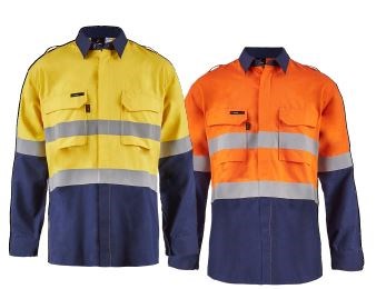 FLAMEBUSTER FSV014 ARCFLASH HRC2 HI VIS TWO TONE OPEN FRONT SHIRT WITH GUSSET SLEEVES AND FR REFLECTIVE TAPE