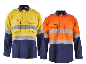 FLAMEBUSTER FSV015 ARCFLASH HRC2 HI VIS TWO TONE CLOSED FRONT SHIRT WITH GUSSET SLEEVES AND FR REFLECTIVE TAPE