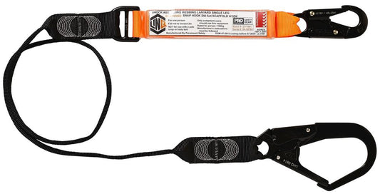 LINQ WL01SNSD 2M SHOCK ABSORBING WEBBING LANYARD SINGLE LEG; 1 x SNAP HOOK, 1 x DOUBLE ACTION SCAFF HOOK-2M